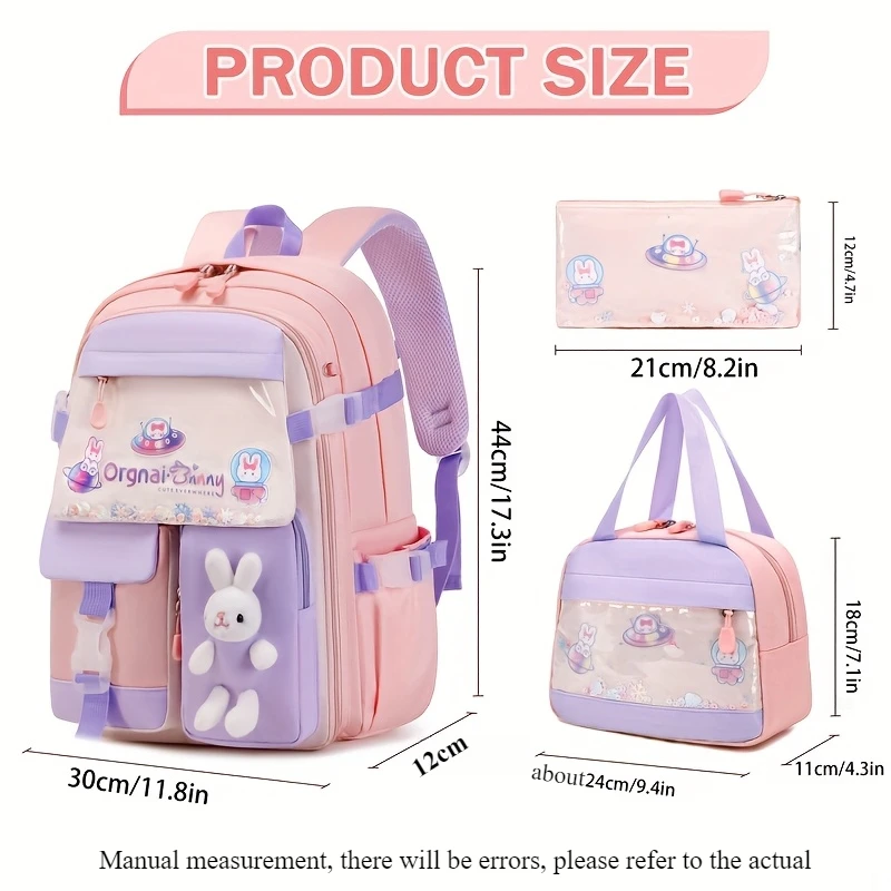 도시락 상자 및 필통이 포함된 3개 소녀용 배낭 세트-귀여운 토끼 디자인, 조절 가능한 스트랩, 경량 나일론 학교 가방 모치라