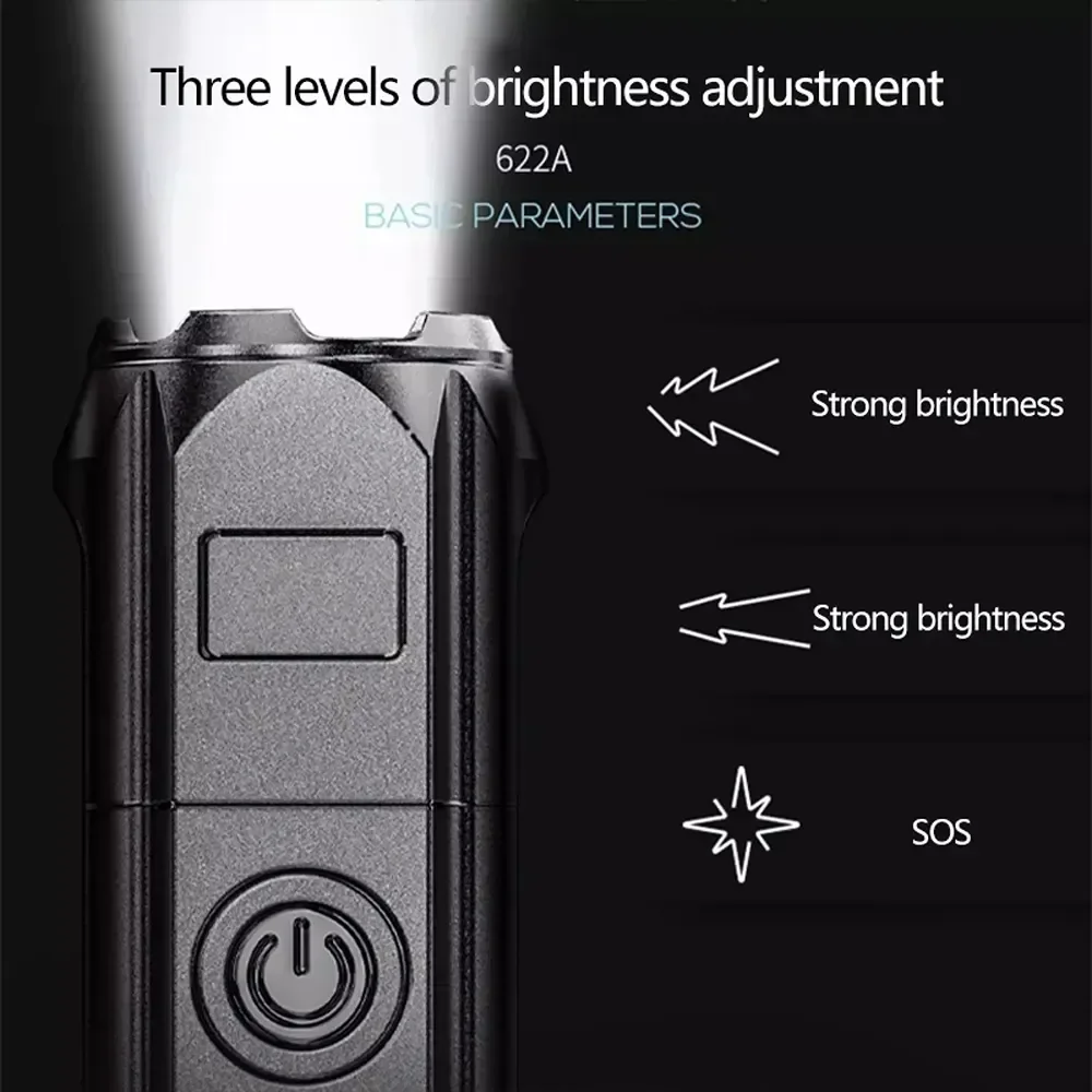 ไฟฉาย LED แบบพกพา ABS แสงที่แข็งแกร่งโฟกัสไฟฉาย USB ชาร์จกลางแจ้งบ้านแสงที่แข็งแกร่งไฟฉายกันน้ำ