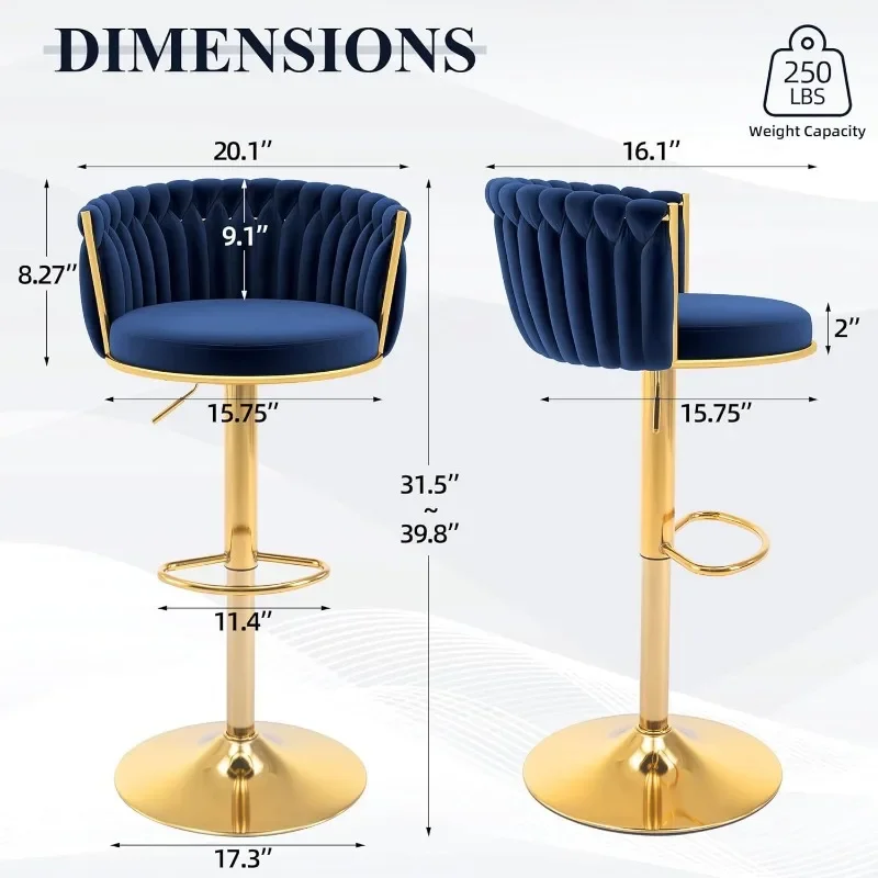 ABET Gold Bar Stools Set of 4, Velvet Woven Barstools, Swivel & Height Adjustable Counter Stools with Upholstered Backrest, Mode