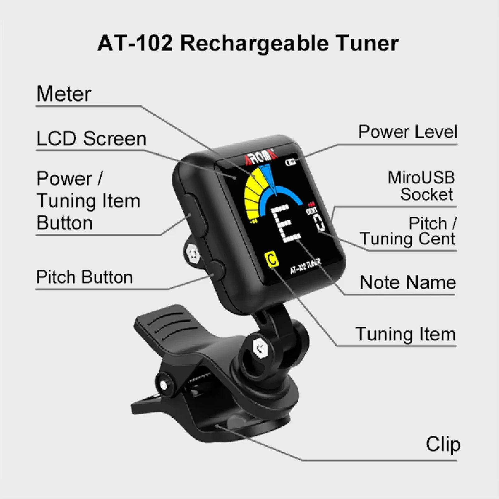Aroma AT-102 Rechargeable Guitar Tuner with Editing, Color Screen, Built in Battery, Color Guitar USB Cable, Bass, Quartet