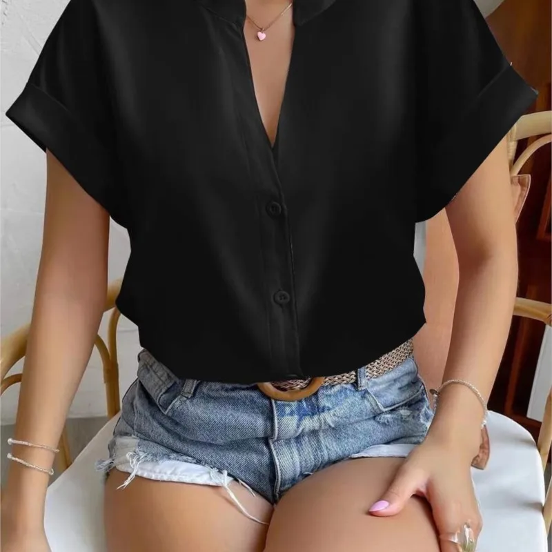 ฤดูร้อนMinimalistผู้หญิงVคอเสื้อ 2024 ผู้หญิงซาตินสีแดงแขนสั้นเดี่ยวBreasted Casual FITTINGเสื้อสํานักงาน