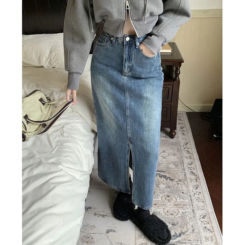 봄 가을 새로운 빈티지 사이드 슬릿 데님 스커트 여성의 몸집이 작은 하이 웨이스트 슬리밍 a 라인 중간 길이 Bodycon 스커트