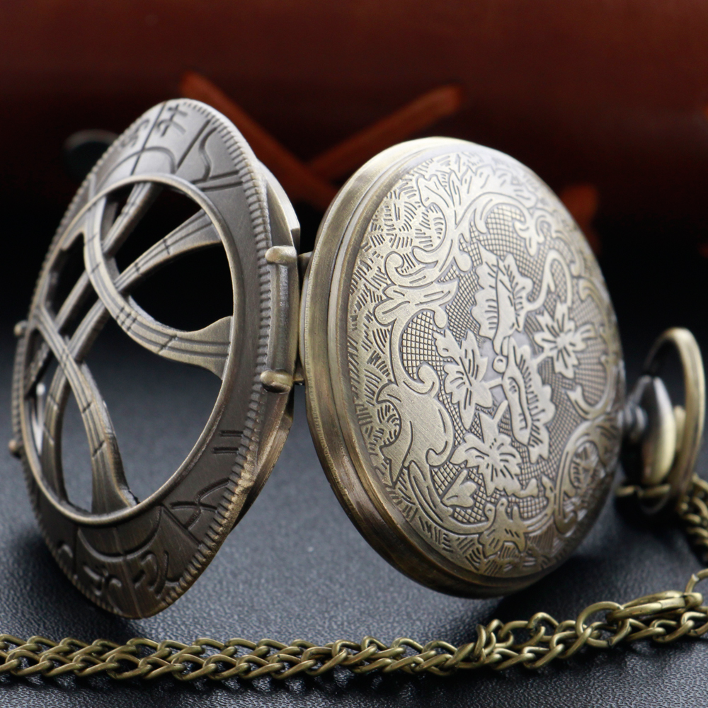 Vintage bronze olho redondo caso forma relógio de bolso de quartzo jóias pingente colar corrente presentes para homens