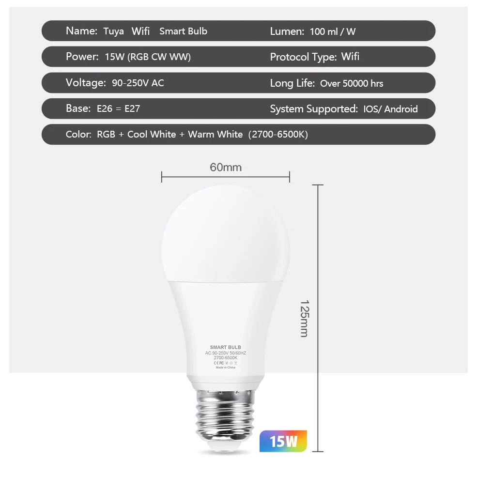 15W WiFi สมาร์ทหลอดไฟ LED E27 LED RGBCW สมาร์ทหลอดไฟควบคุมเสียงผ่าน Google Home Tuya Smart Life APP Alexa RGB 110-220V