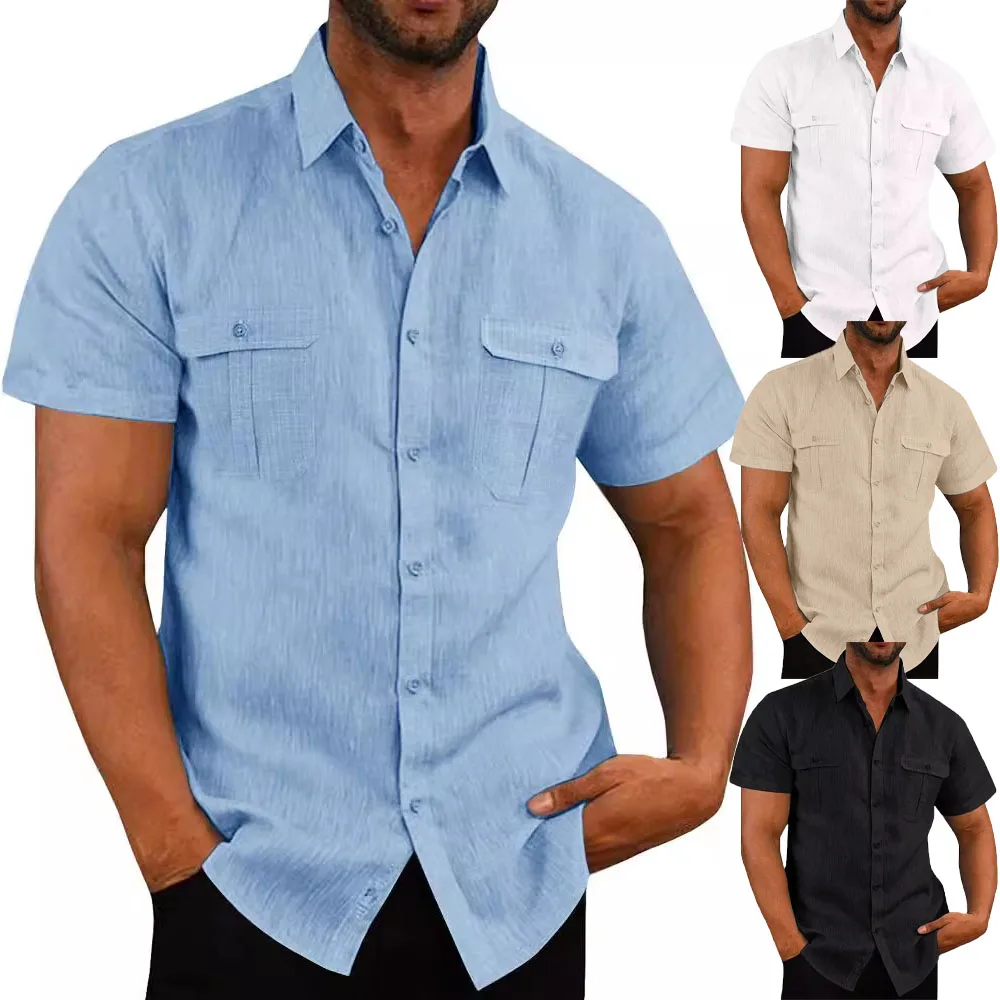 Camicia da uomo Camicie a maniche corte in cotone e lino con doppia tasca per uomo Camicia casual da spiaggia per le vacanze streetwear Tinta unita Slim Fit