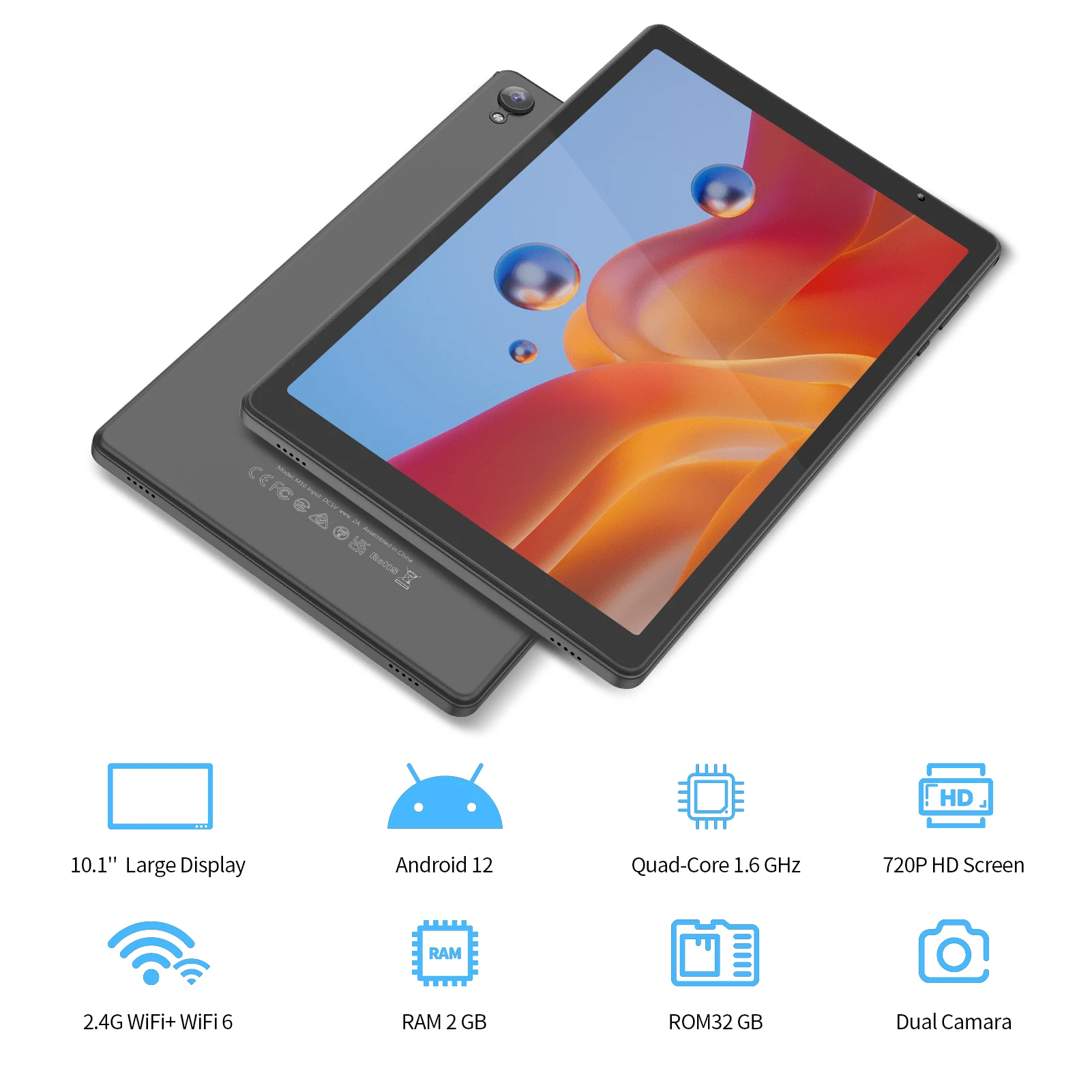 PRITOM Tablet 10 Zoll Android 12 32 GB ROM 512 GB Erweitern Sie Tablets, 2 GB RAM Wi-Fi 6 Tablet-PC mit 1,6 GHz Quad-Core-CPU, 10,1 Zoll