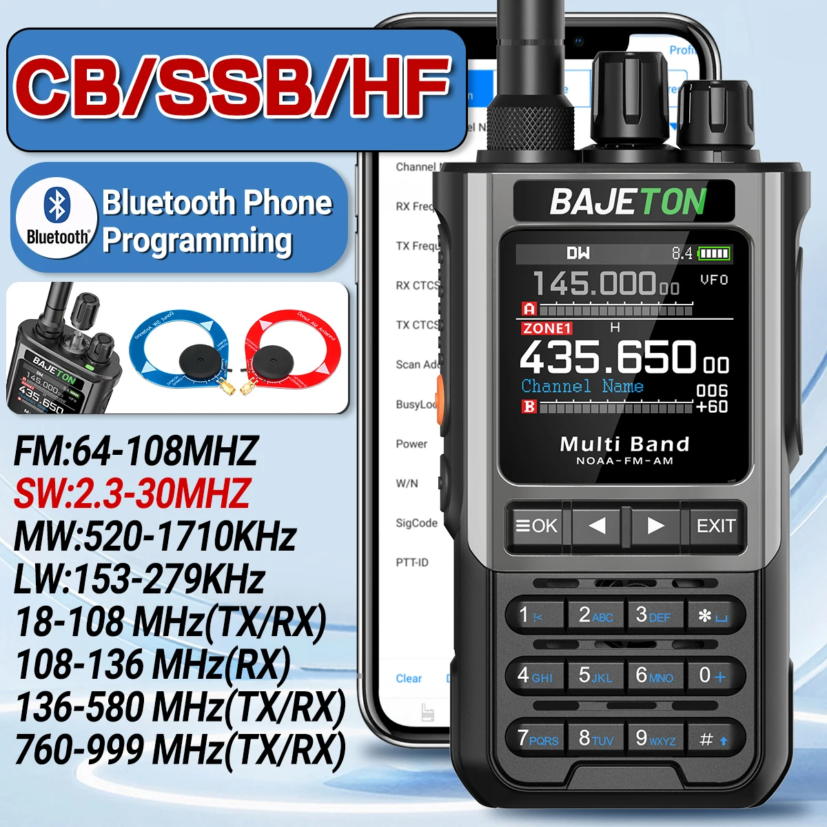 BAJETON BJ-8300 Walkie Talkie SW AM SSB CB recibir estación de programación de teléfono inalámbrico Bluetooth NOAA Radio bidireccional RT-950PRO