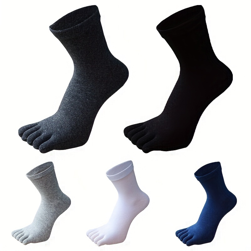 5 pares de meias masculinas de cor sólida com cinco dedos, meias simples de algodão, resistentes a odores e respiráveis com dedos divididos