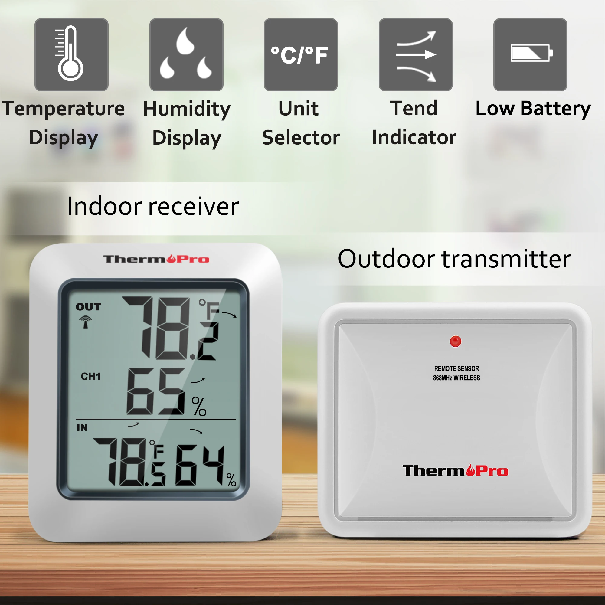 ThermoPro TP60C 60M Termómetro digital inalámbrico para interiores y exteriores Estación meteorológica higrómetro para el hogar