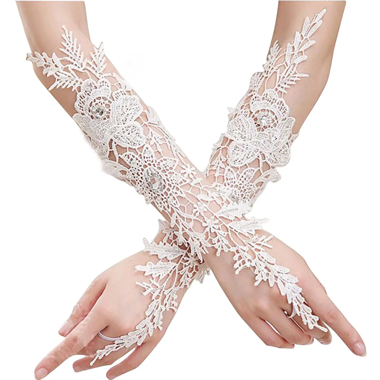 Lace Crystal Women’s Wedding Gloves Fingerless Elbow Bridal Floral Ivory Long Accessory for Bride