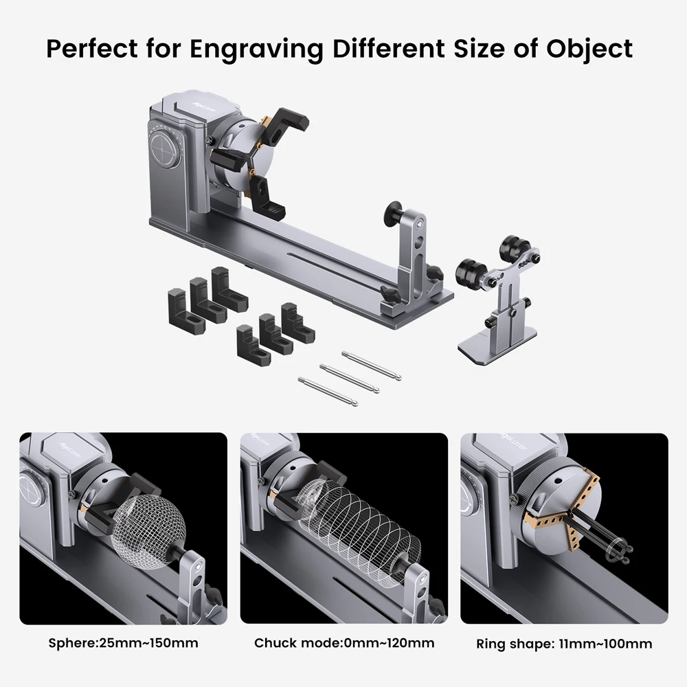 Algolaser Multi-function Chuck Rotary for Laser Engraver Rotation Roller 180° Adjustment for Engrave Rings, Spherical Objects