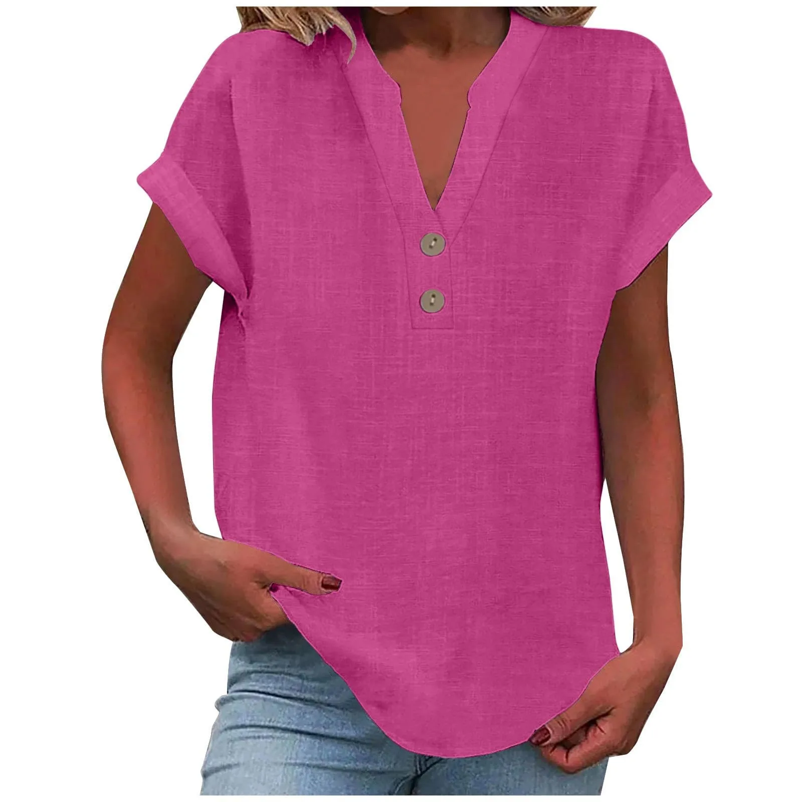2025 verão algodão linho respirável cor sólida botão para baixo camisa com decote em v básico e versátil casual confortável senhora escritório topos
