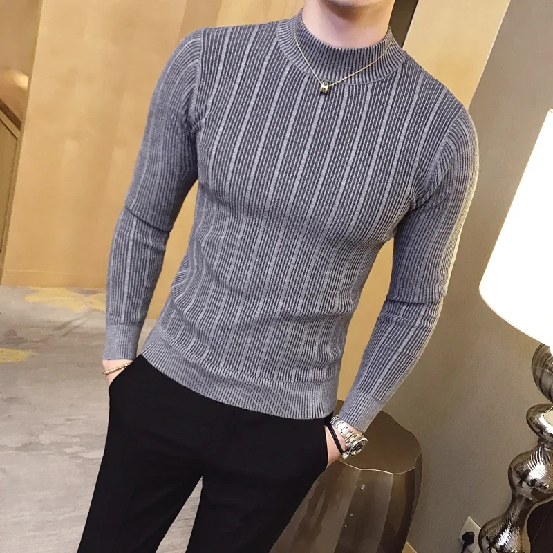 Neue Herbst Winter Hohe Kragen Gestreiften Pullover Mode Boutique Einfarbig männer Casual Stricken Pullover Enge Mode Herren Pullover