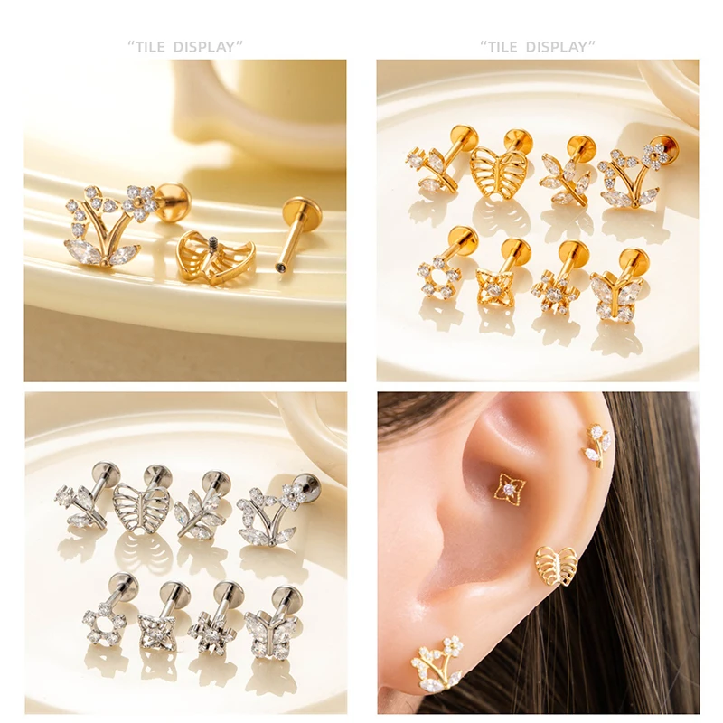 1 Buah Perhiasan Tindik Labret Titanium G23 Ulir Dalam, Stud Telinga Berhiaskan CZ Bentuk Bunga Kupu-kupu, Helix Tragus Stud Flatback, Perhiasan Tindik Bibir