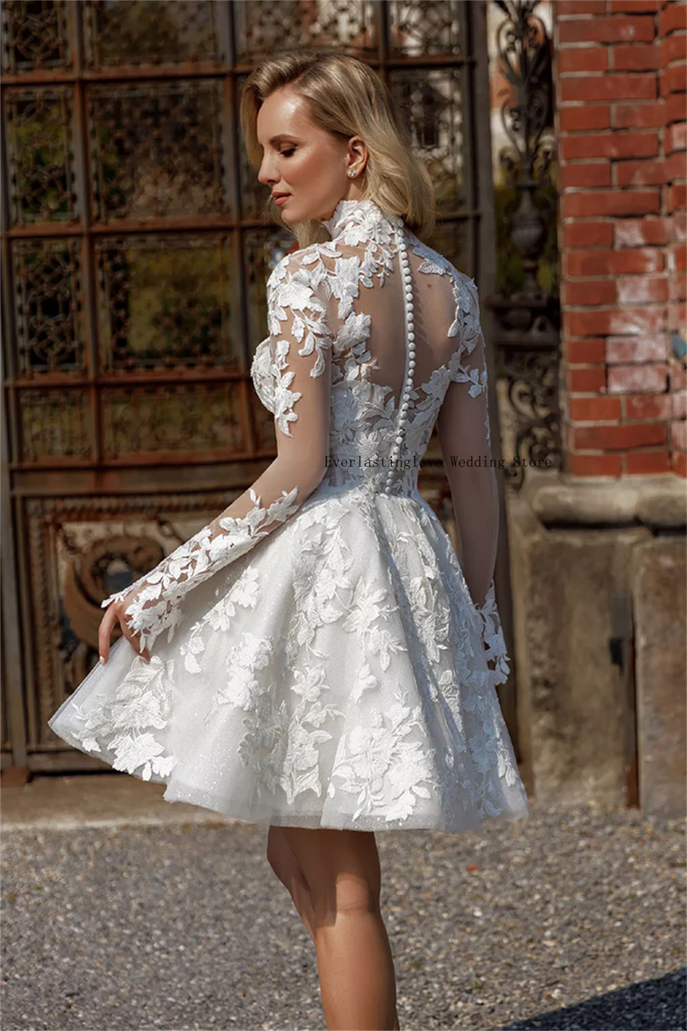 Sheer Illusionคอเต็มแขนลูกไม้Appliqueชุดแต่งงานสั้นCustom Made 2024 Vestido De Noiva
