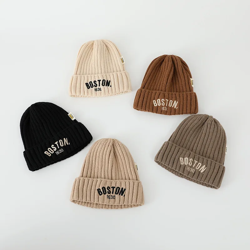 Outono inverno bebê bordado carta tricô bonés criança menino sólido quente gorros menina crianças moda casual chapéu infantil macio bonés