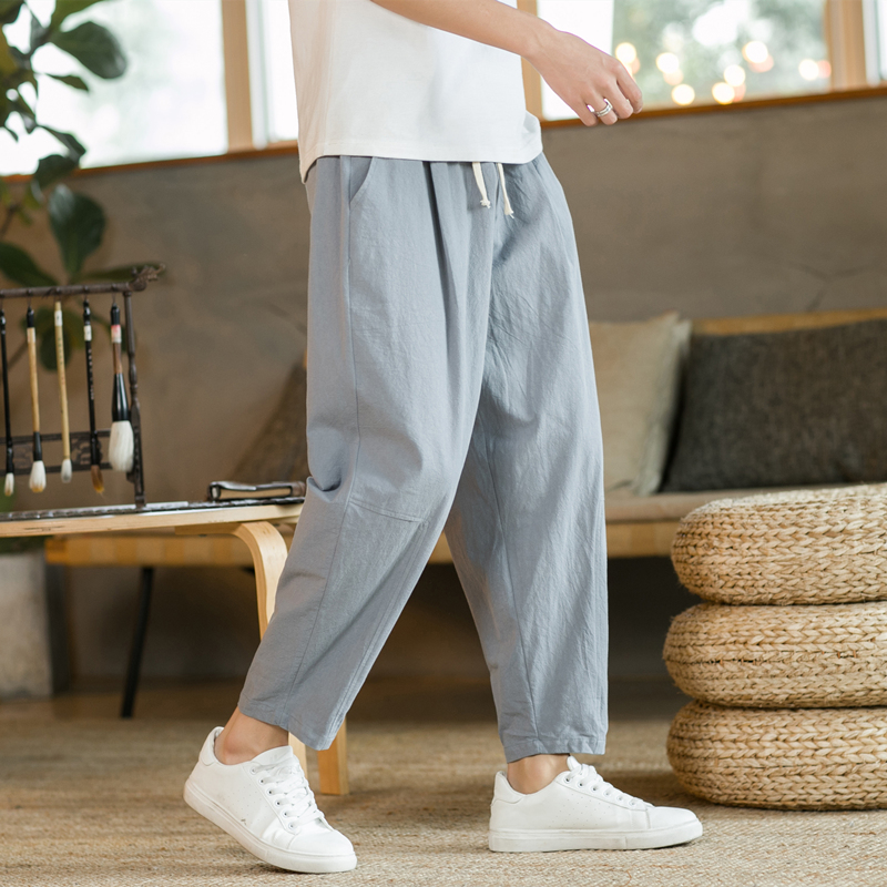 Calças masculinas de algodão linho moda casual calças cor sólida respirável solto shorts em linha reta calças com cordão streetwear masculino
