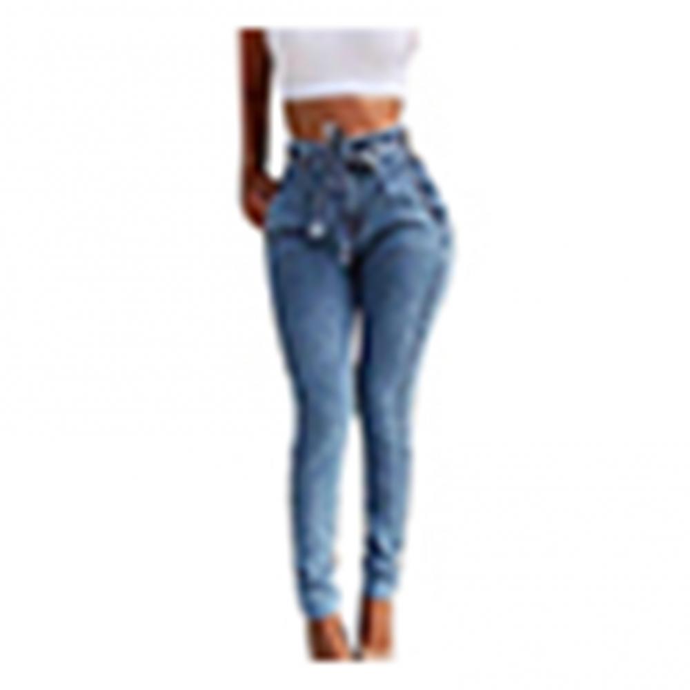 Moda com cinto de cintura alta jeans magros feminino fino borla cintura estiramento denim calças lápis longas jeans
