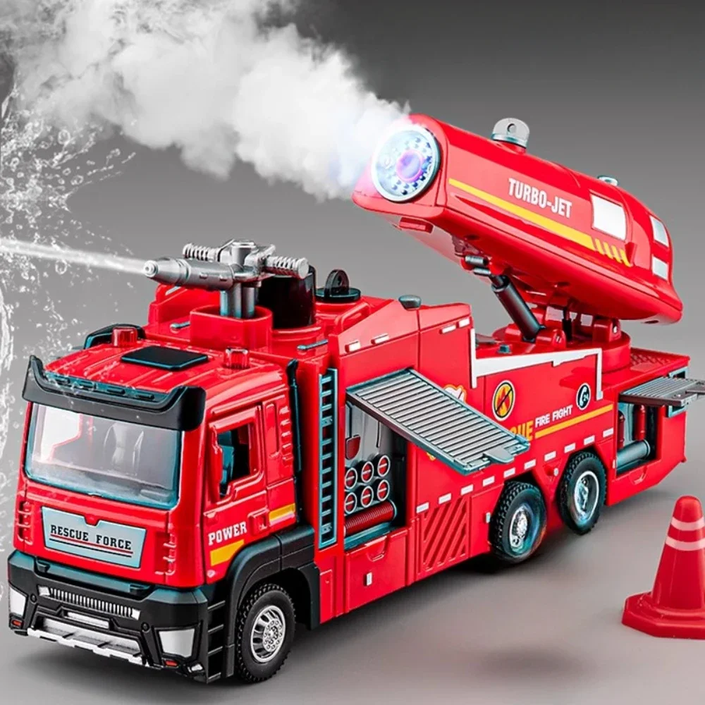 1:32 Skala wody Spray Model wozu strażackiego Drabina Ciężarówki Zabawka Samochód Dźwięk Światło Otwarte drzwi Kolekcja pojazdów Prezent dla chłopców