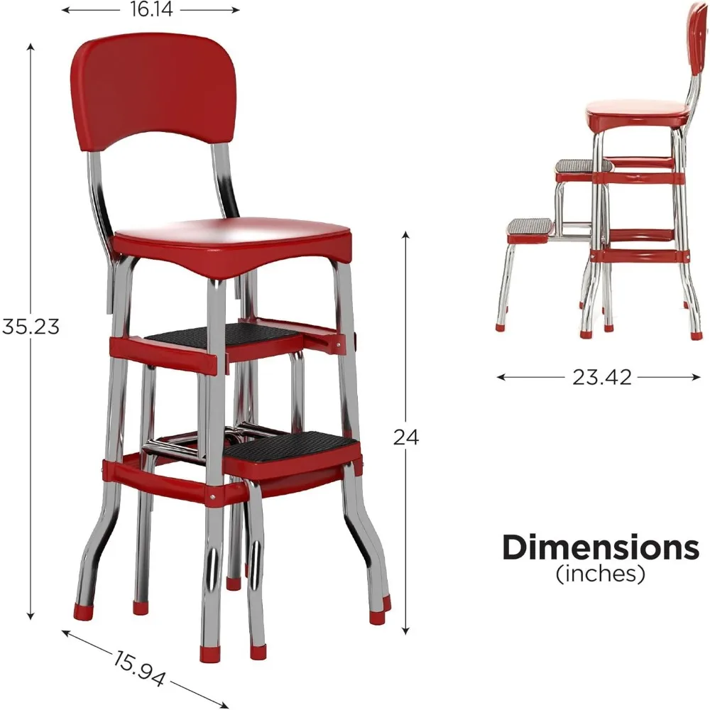 COSCO Retro Counter Chair/Step Stool, Sliding, Red