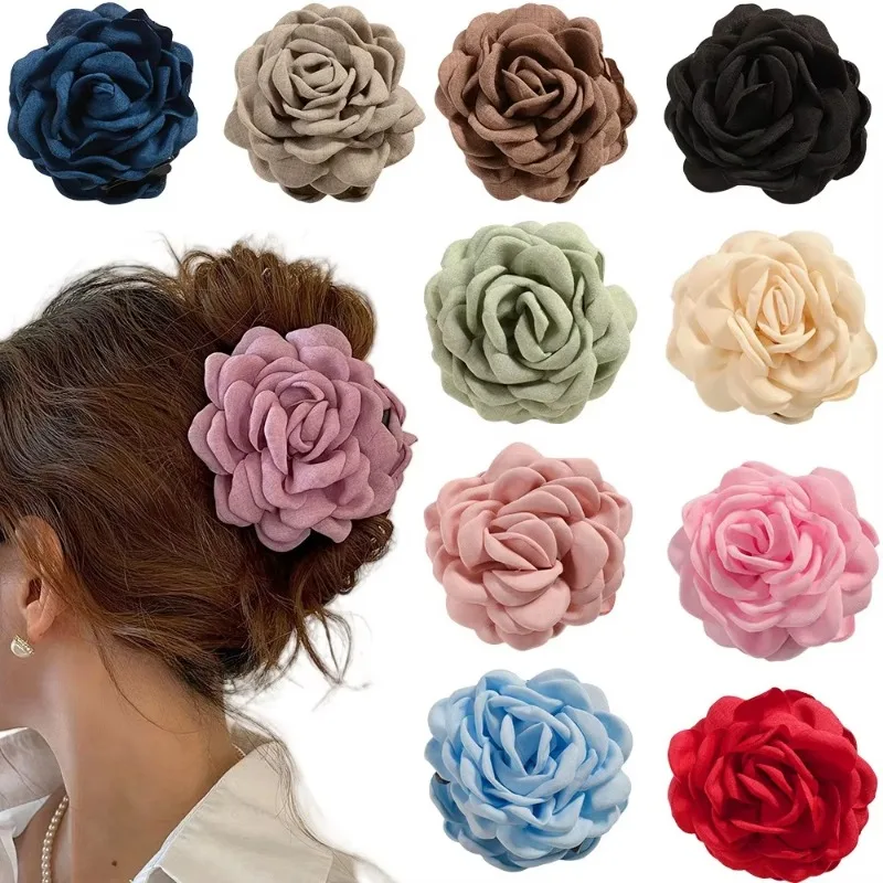 16 Kleuren Zweet Middelgrote Katoen Roos Bloem Haar Klauw Clips Voor Vrouwen Koreaanse Ctach Shark Klem Haaraccessoires 2024