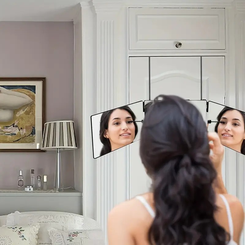Espejo de maquillaje triple montado en la pared, espejo de estilo portátil para viajes, dormitorio, baño, accesorios de herramientas de corte de pelo DIY