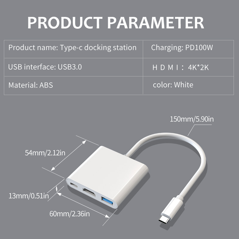 อะแดปเตอร์มัลติพอร์ต USB C ถึง HDMI, ฮับ Type-C 3-in-1 พร้อมเอาต์พุต Thunderbolt 3 ถึง HDMI 4K/พอร์ต USB 3.0/PD 100W พอร์ตชาร์จด่วน