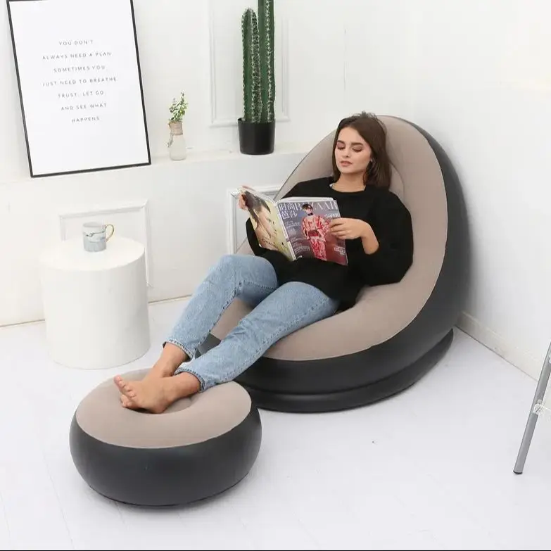 Poltrona preguiçosa inflável Sofá dobrável flocado em PVC com conjunto de chaise longue para almoço pull-on