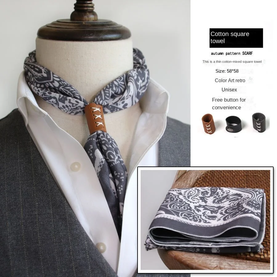 Bufanda Retro artística de algodón y lino para hombre, bufanda coreana para primavera, Otoño e Invierno, bufanda estilo callejero de Hip Hop, toalla cuadrada pequeña