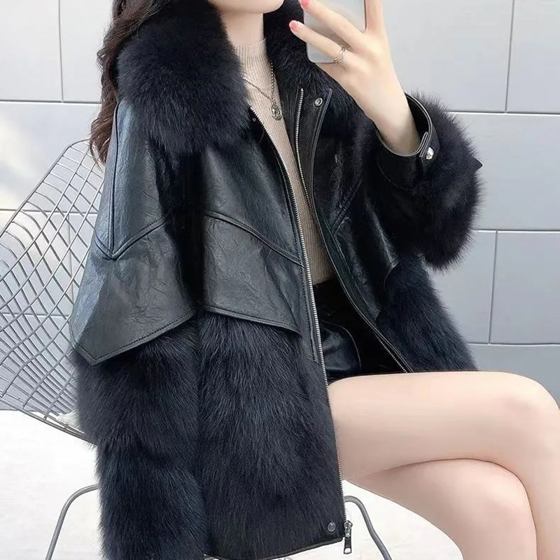 女性用合成皮革のミドル丈ジャケット,厚手のコート,ルーズファー,冬,2023