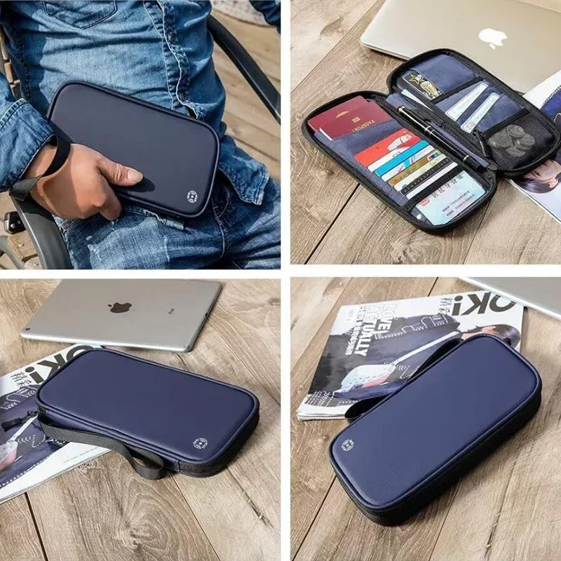 Capa leve para passaporte de viagem familiar, carteira com zíper, bolsa organizadora de documentos oxford com alça de pulso removível para mulheres e homens