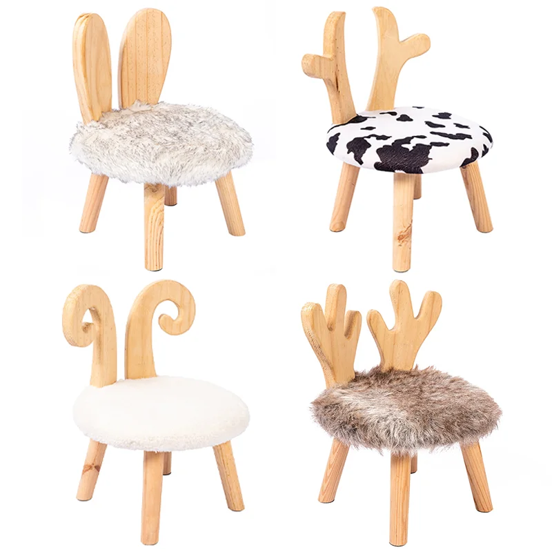 Bebê redondo fezes de madeira ovelha coelho animal almofada de pelúcia quarto jantar mobiliário sapato rack footstool macio pufe cadeira