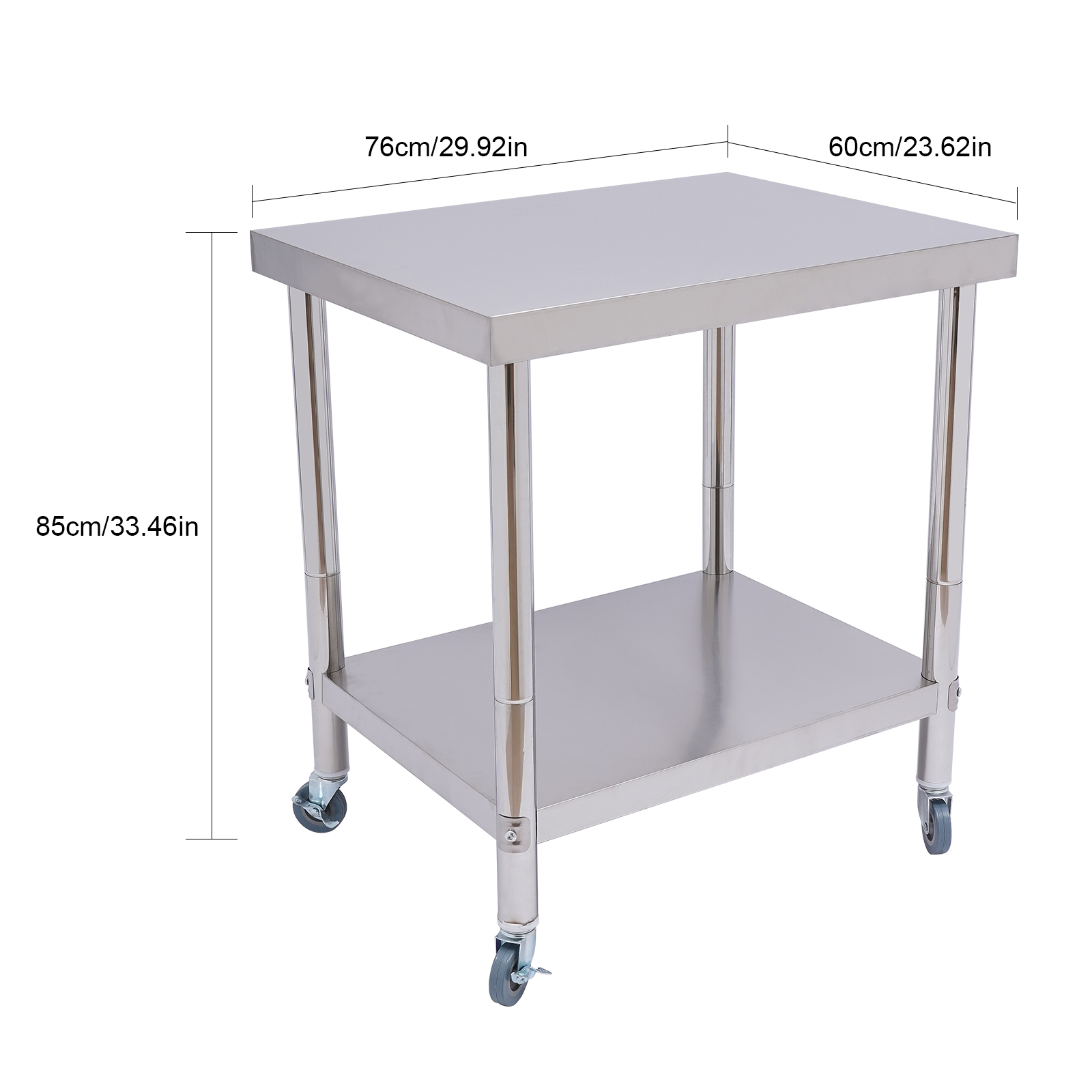 Mesa de trabalho de aço inoxidável, bancada de duas camadas com quatro rodízios práticos para preparação de alimentos e armazenamento de itens