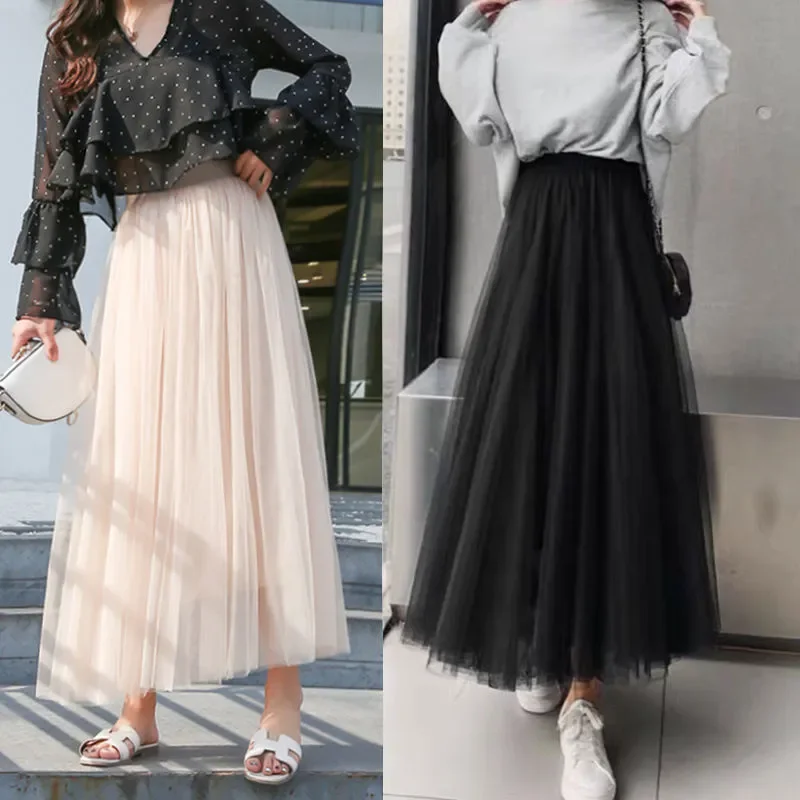 3-lagen Midi Zomer Tule Rok Vrouwen 2023 Dames Casual Wit Zwart Hoge Taille Geplooide Zon School Lange Rok Vrouwelijke