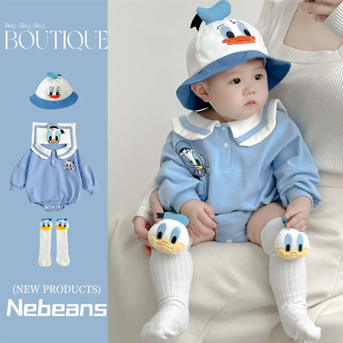 Peleles de primavera para bebé recién nacido, conjunto de 3 piezas con gorro de calcetín, ropa de pato Donald Daisy, mono infantil de manga larga