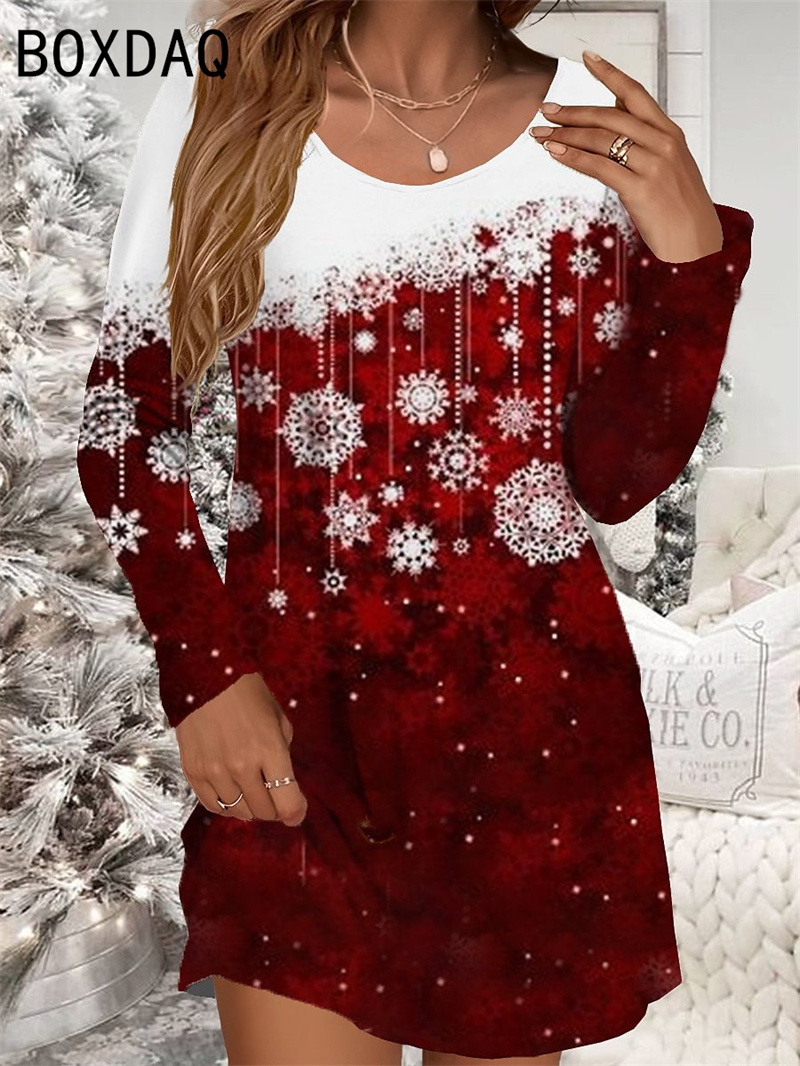 Rotes Weihnachtskleid für Damen, lässig, Weihnachten, Schneemann, Schneeflocken-Druck, Minikleid, langärmelig, O-Ausschnitt, Herbst-Frauenkleid