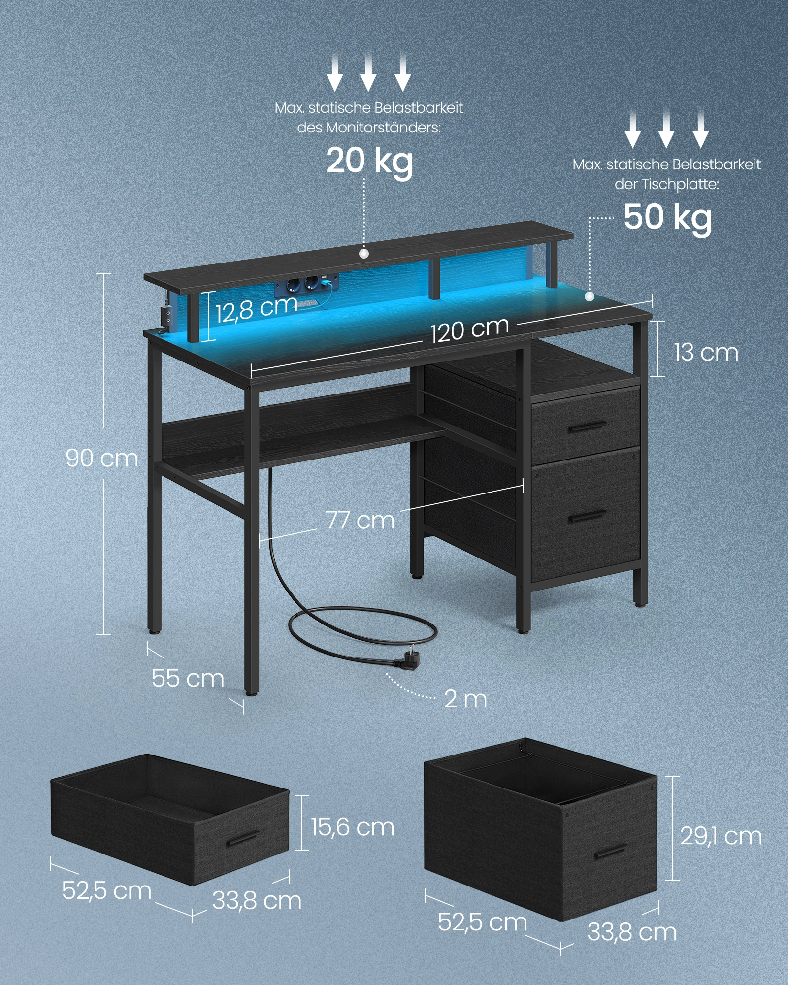 VASAGLE bureau met lades, computertafel met monitorstandaard, LED-verlichting, 55x120x90 cm, inbouw stopcontacten