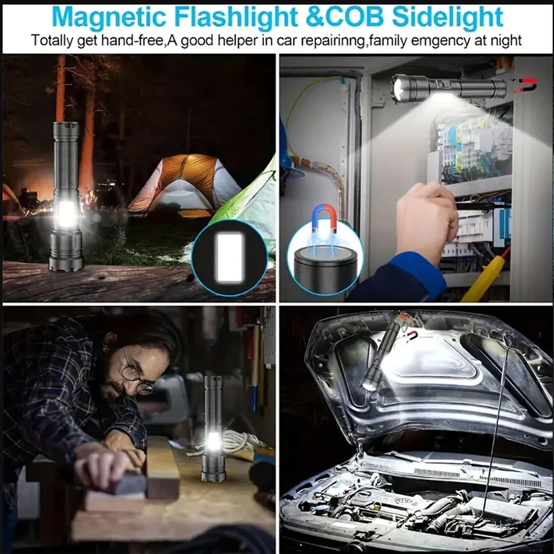 Linterna LED recargable de aleación de aluminio, linterna de alta potencia con imán, linterna con zoom para acampar con batería 18650