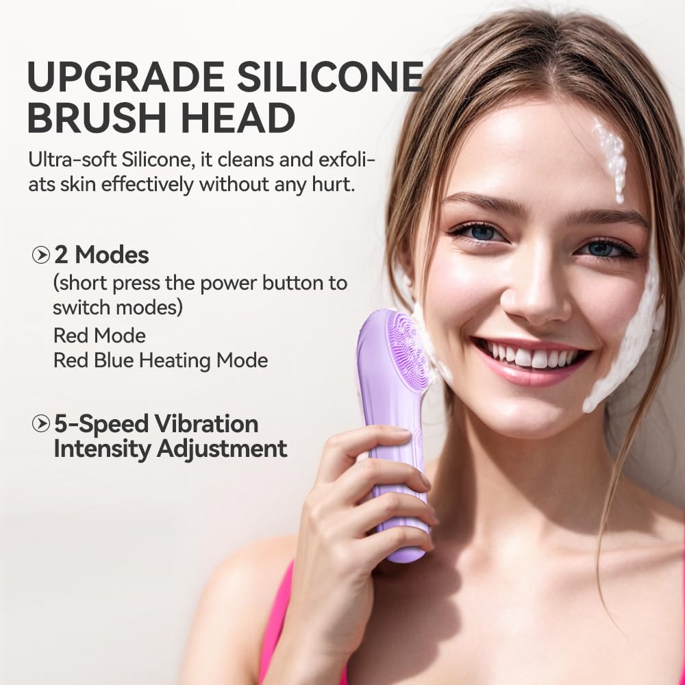 Facial cleansing brush, silicone facial cleansing brush, with heating and vibration 5-speed settings, waterproof rechargeable el