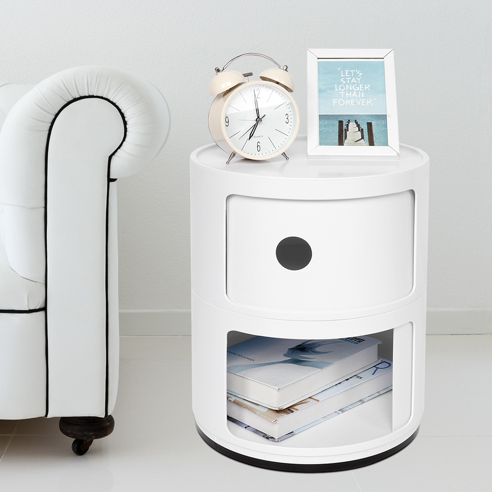 2-lagiger moderner Nachttisch für Schlafzimmer, seitlicher Endständer, multifunktionale runde Aufbewahrungseinheit, Aufbewahrungsschrank, Aufbewahrungseinheit, Beistelltische