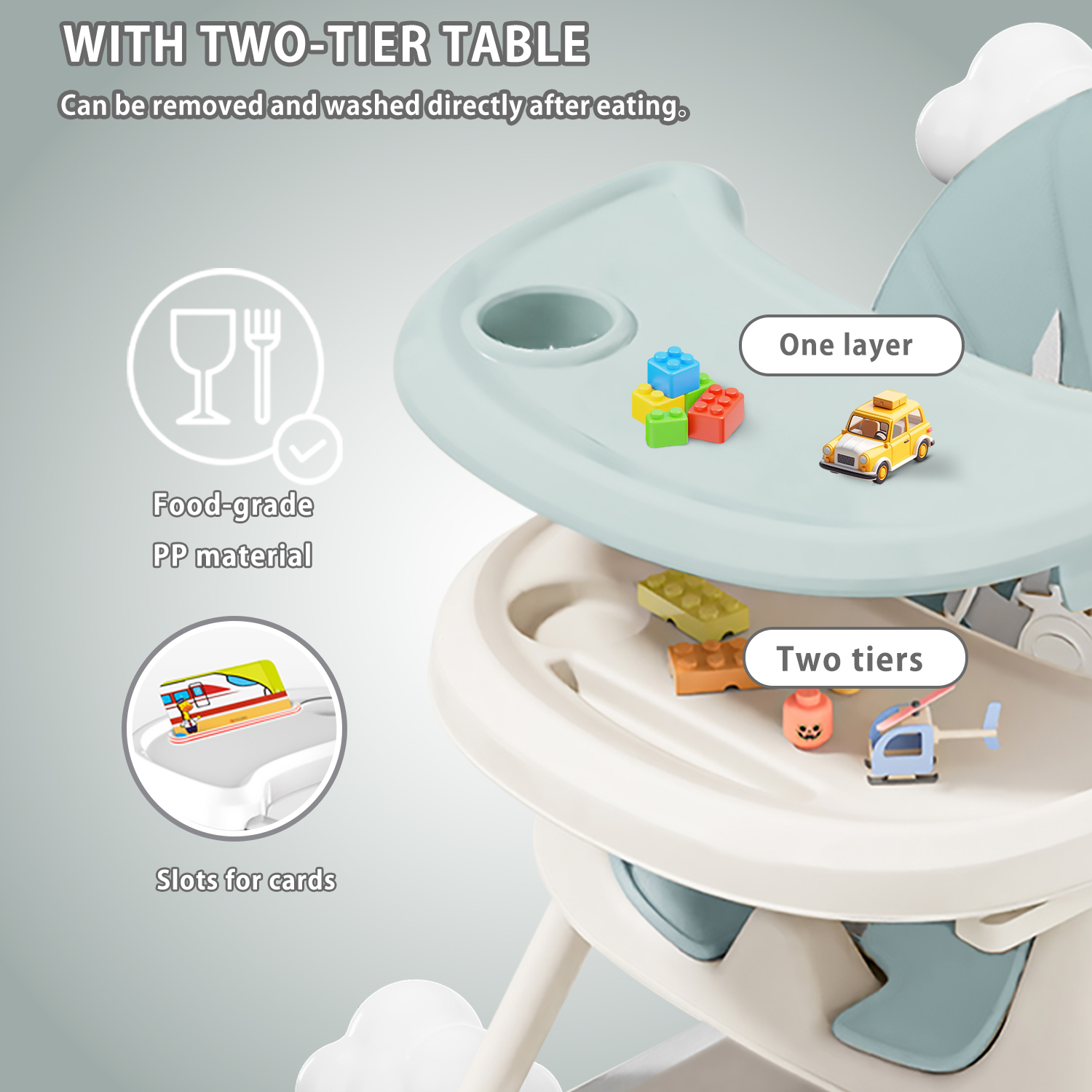 Cadeira alta dobrável para bebês, cadeira infantil, cadeira alta conversível para jantar e brincar, conforto com bandeja dupla e suporte para brinquedos