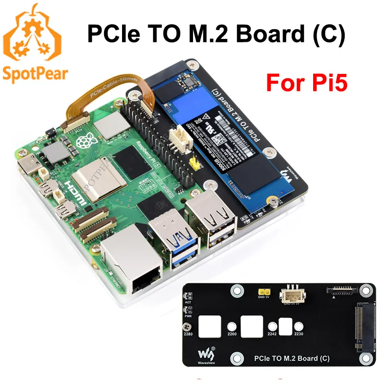 Плата адаптера Raspberry Pi5 PCIe — M.2 NVMe SSD C HAT Pi5-PCIe-2280-2242-2230 для Pi 5