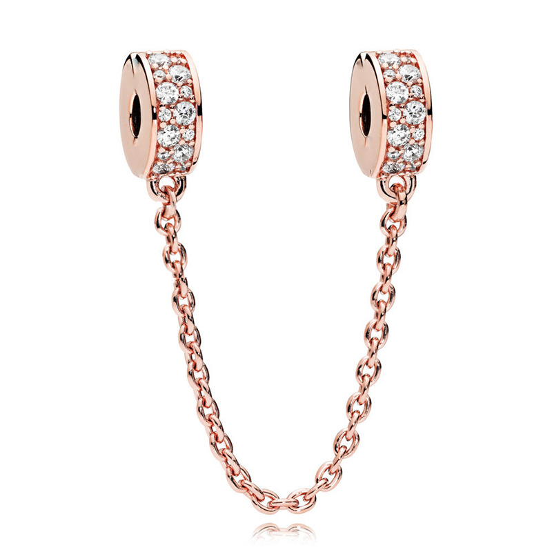 Clear Pavé ห่วงโซ่ความปลอดภัยคลิป Charm 925 เงินสเตอร์ลิง Rose Gold ผู้หญิงเทศกาลเครื่องประดับของขวัญ DIY สร้อยข้อมือจี้