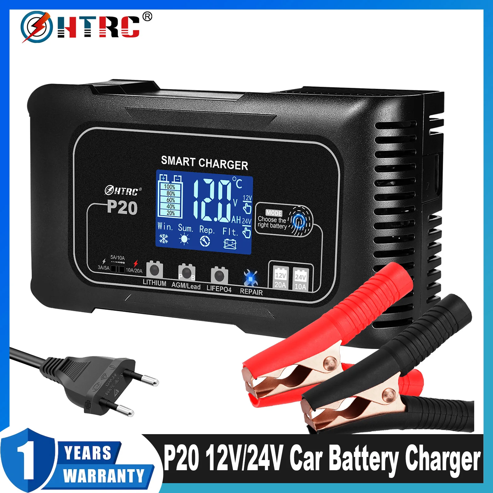HTRC 20A 12V-24V P20 Зарядное устройство для умного автомобильного зарядного устройства Ремонт авто Moto Свинцово-кислотный аккумулятор AGM GEL PB Литиевый аккумулятор LiFePo4
