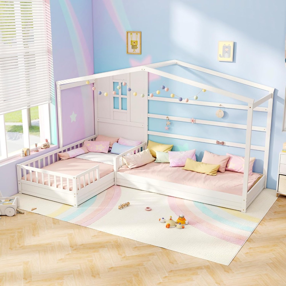 MAT EXPERT L Shaped Twin Beds for Kids Double, Wooden House Platform Bed w/Window & Roof, Fence & Slats, Corner Montessori Bed F