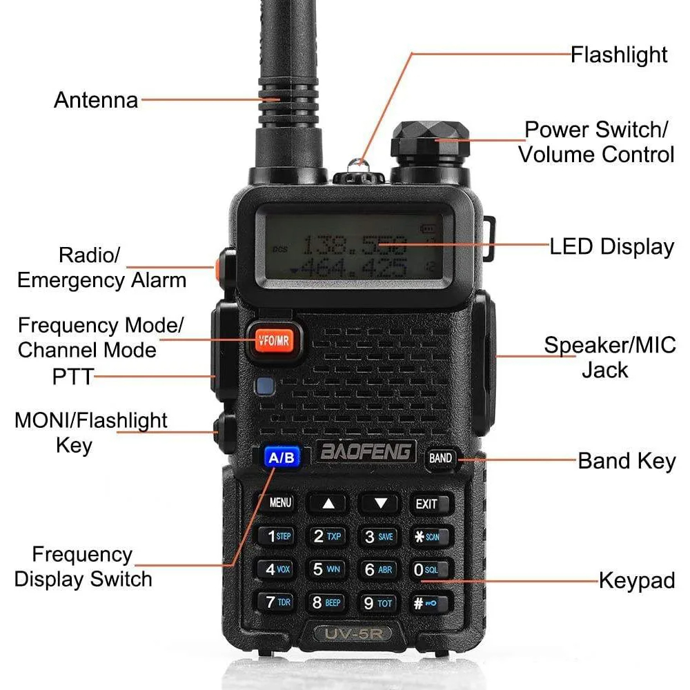 Baofeng UV5R 5W UHF Professional RadioVHF136-174MHz&400-520MHz Dual Band Frequency Modulation 1800mah Walkie Talkie LED Screen