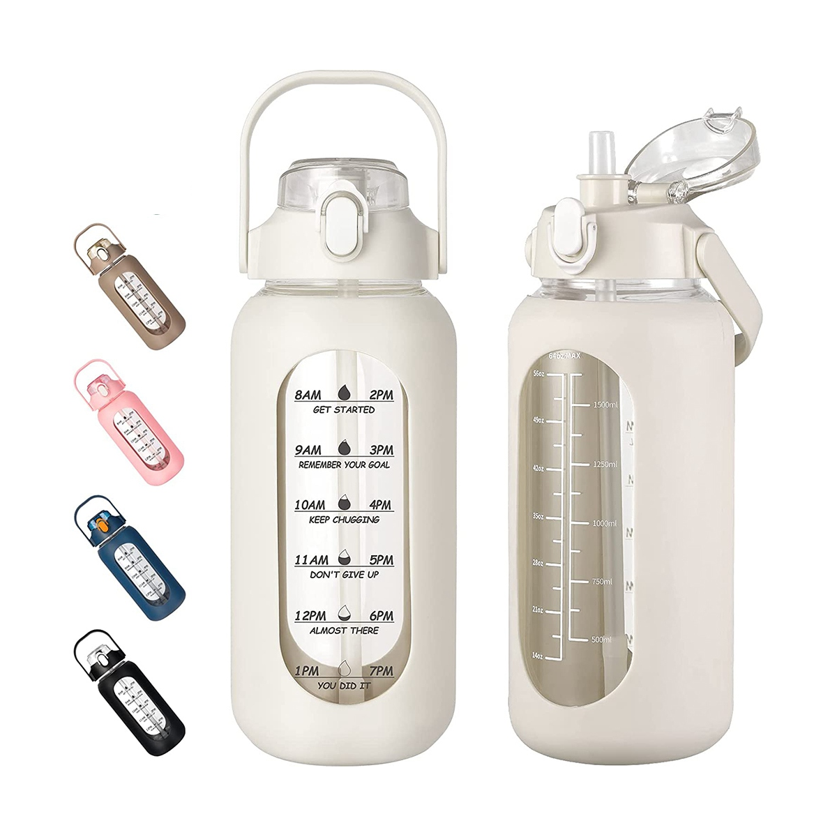 Garrafas de água de vidro com palha, Silicone Sleeve e Time Marker, adequado para ginásio, casa, escritório branco, 64oz