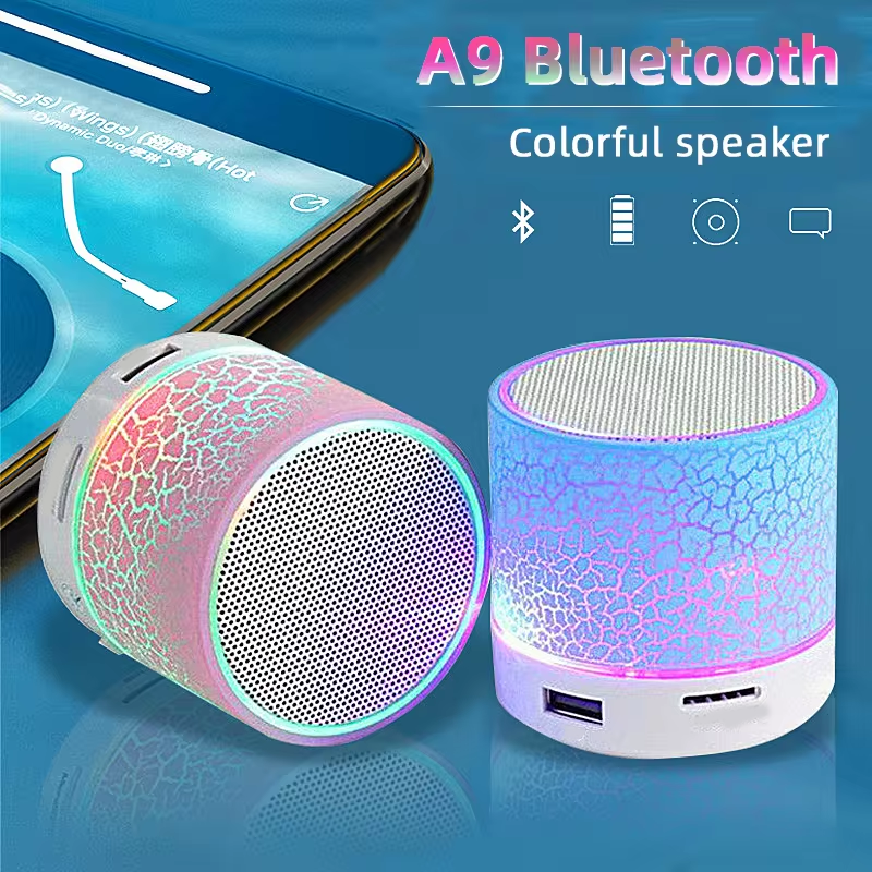 Novo mini portátil carro áudio a9 deslumbrante crack led sem fio bluetooth 4.1 subwoofer alto-falante cartão tf