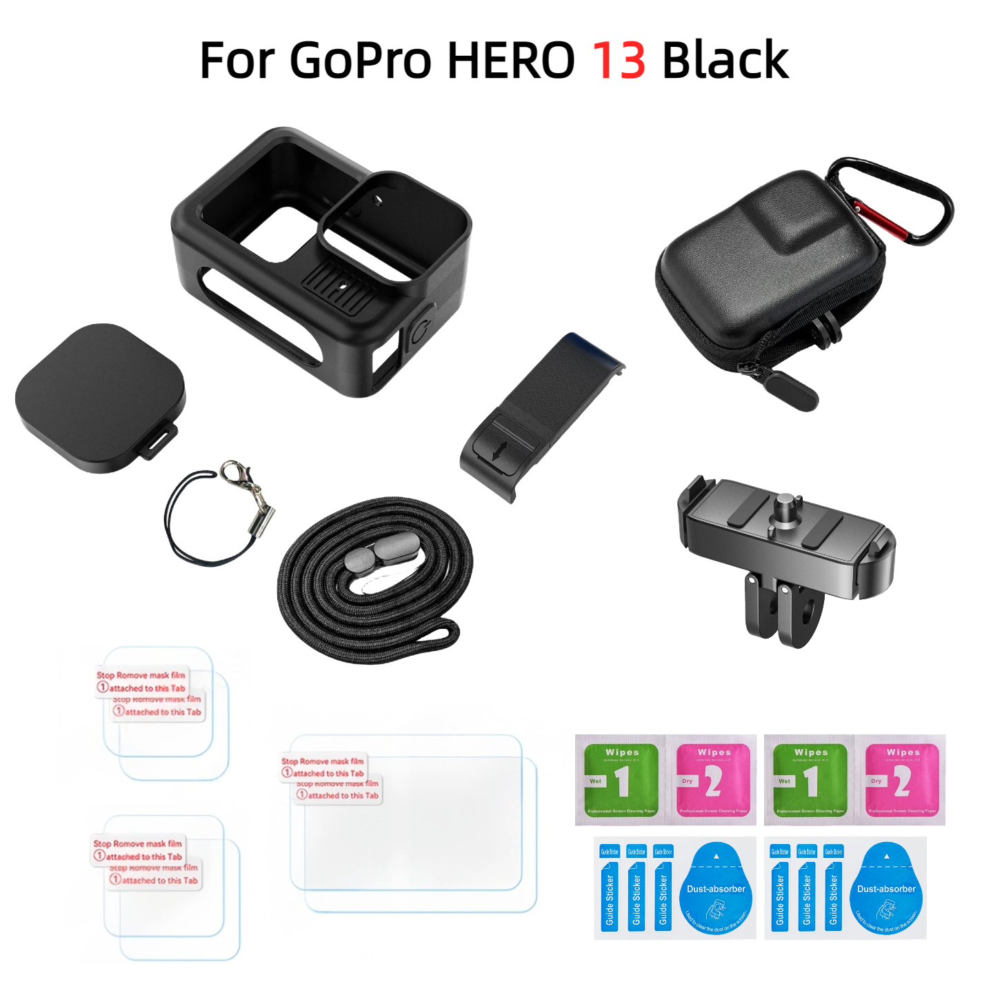 Para Gopro Hero 13 Kit de accesorios de cámara negra cubierta protectora de silicona/protectores de pantalla/funda/adaptador magnético de liberación rápida