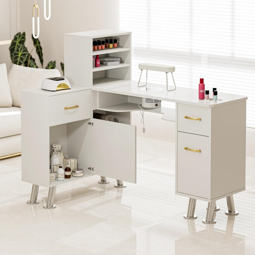 L-Shaped Manicure Table Nail Station with Shelves, Nail Tech Table Nail Table Station,Storage Cabinets,Metal Handles & Legs